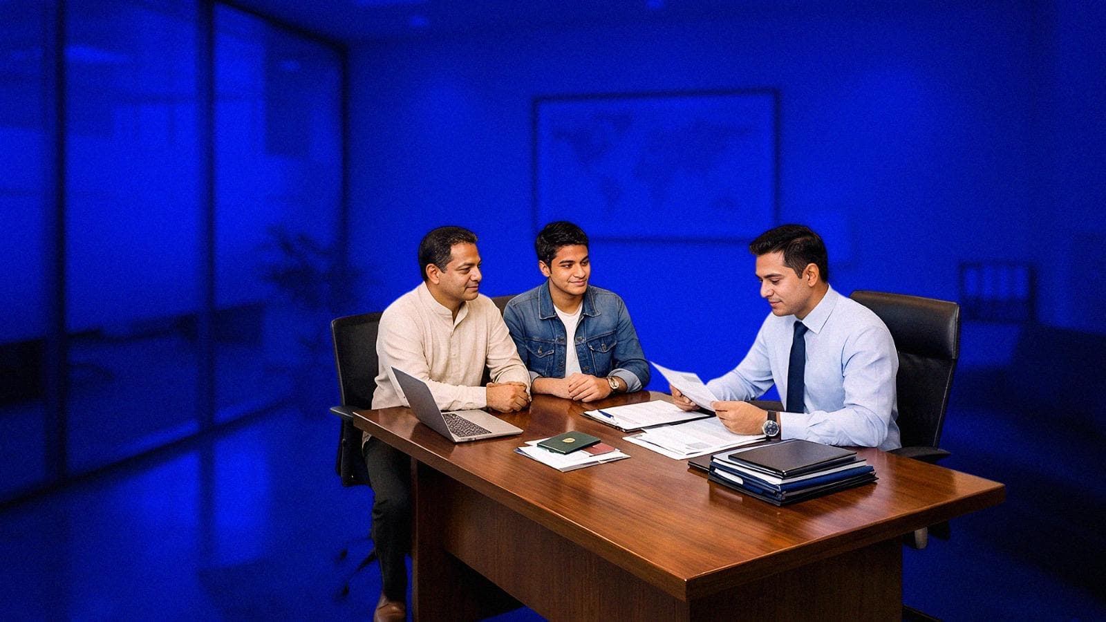 A professional consultant handing a passport with a fresh student visa to a smiling student.